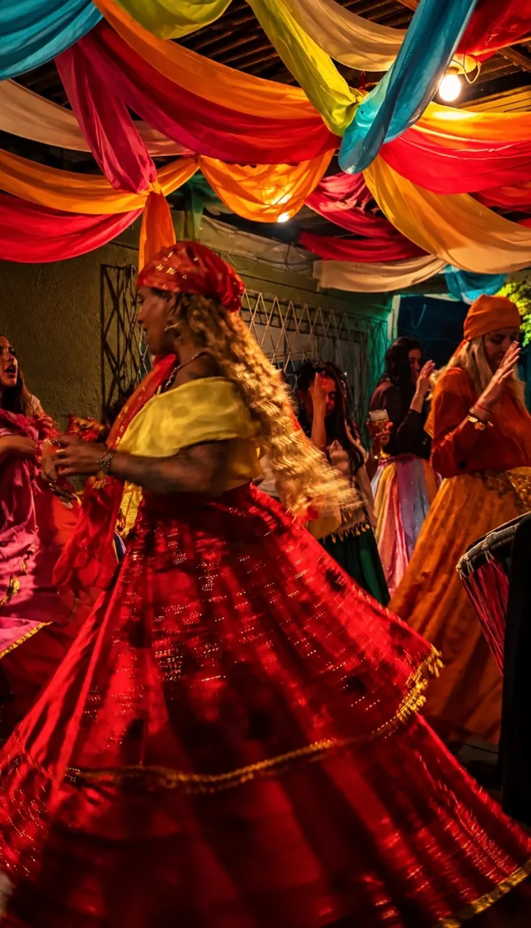 Thaila girando a saia vermelha durante uma gira, sob tecidos coloridos pendurados no teto